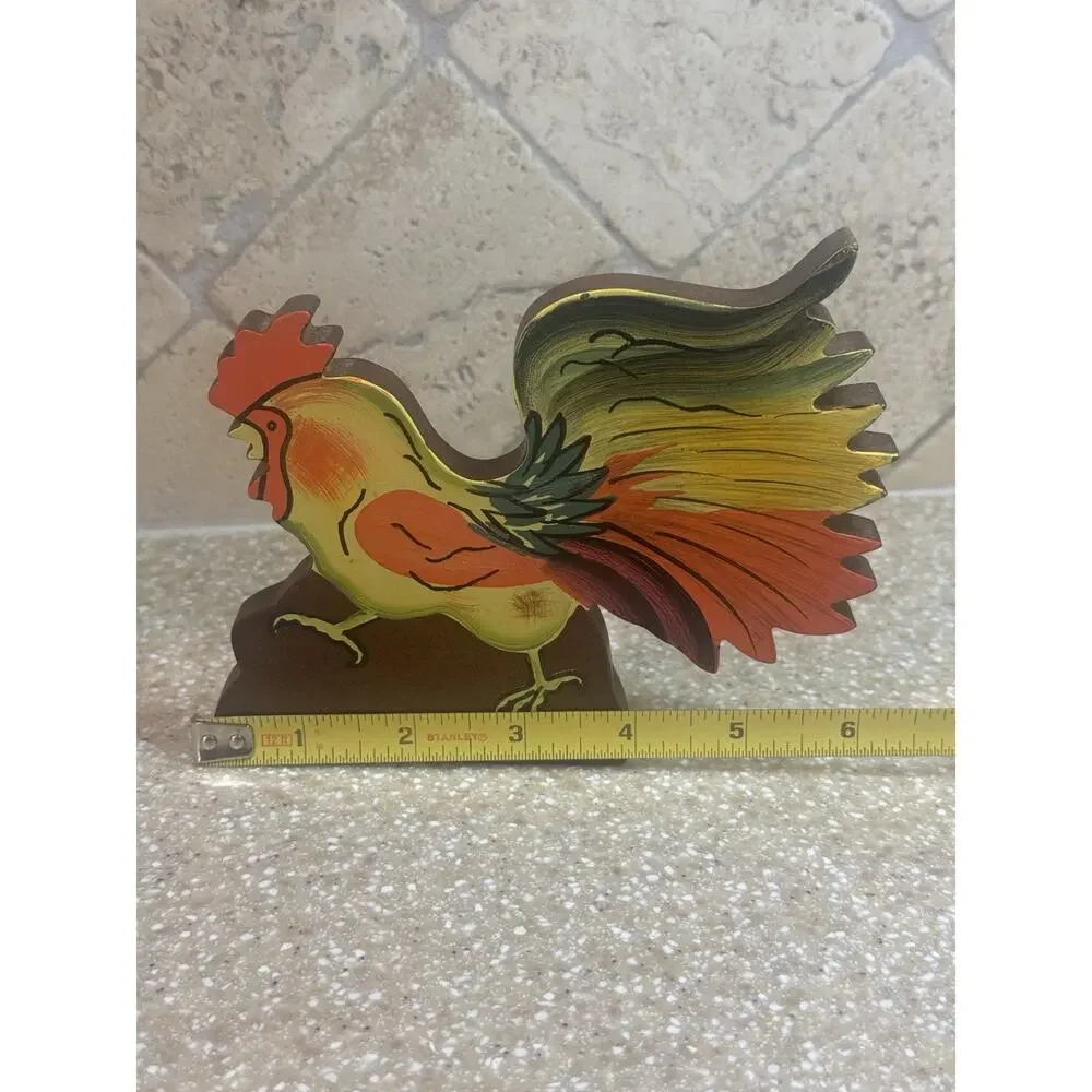 VTG Wooden Rooster Shelf Sitter Folk Art Colorful Hand Painted Farmhouse Country